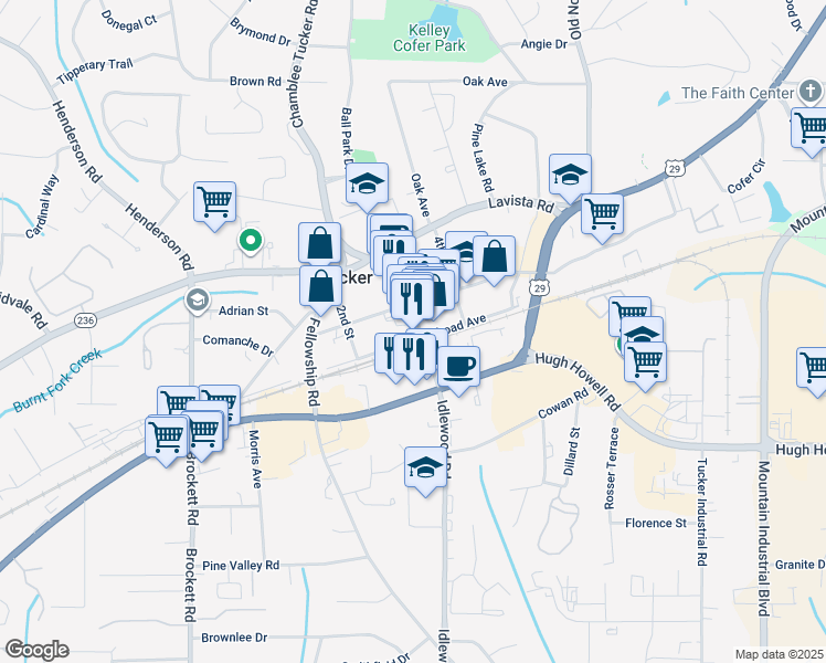map of restaurants, bars, coffee shops, grocery stores, and more near 2316 Main Street in Tucker