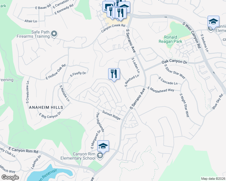 map of restaurants, bars, coffee shops, grocery stores, and more near 7949 East Quinn Drive in Anaheim