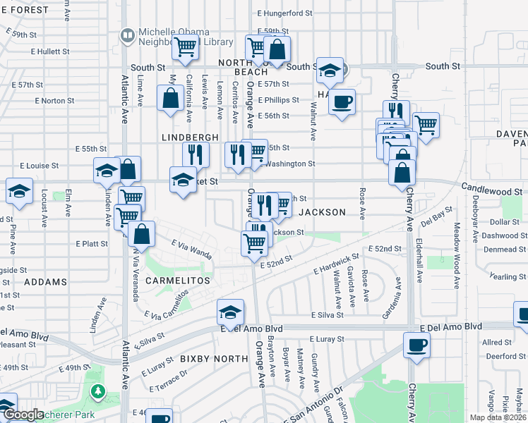map of restaurants, bars, coffee shops, grocery stores, and more near 1312 East Plymouth Street in Long Beach