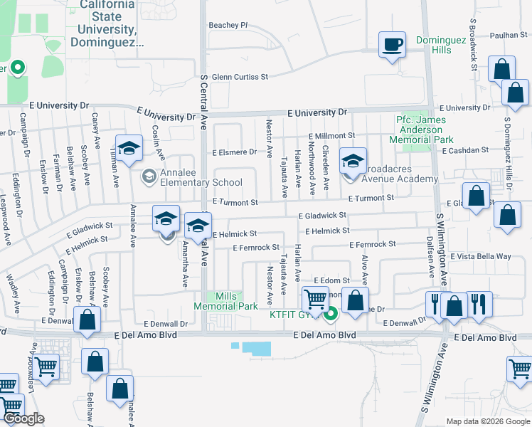 map of restaurants, bars, coffee shops, grocery stores, and more near 19438 Hillford Avenue in Carson