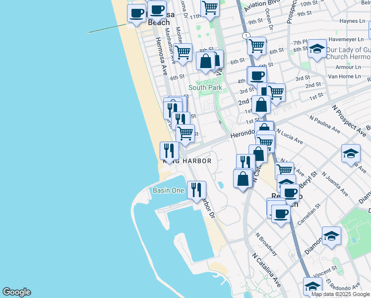 map of restaurants, bars, coffee shops, grocery stores, and more near 2 Hermosa Avenue in Hermosa Beach