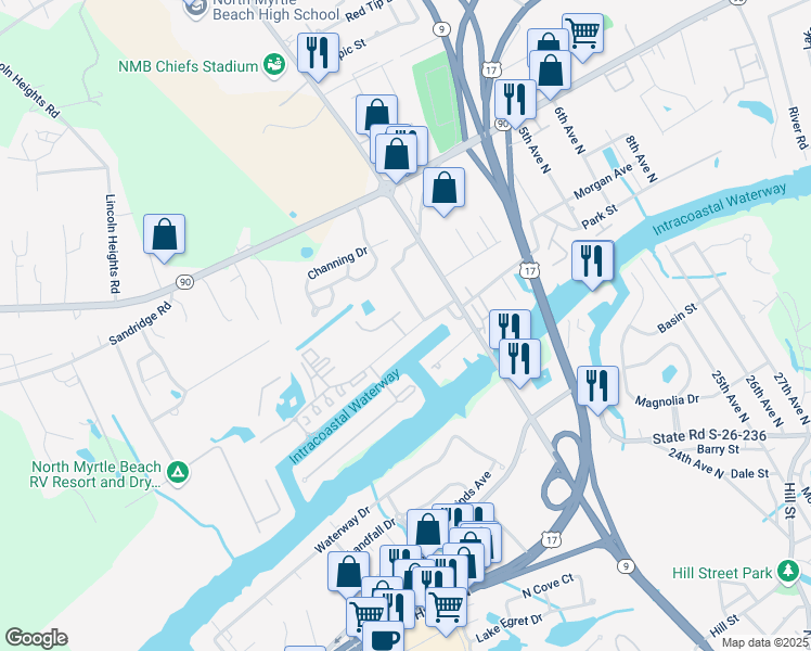 map of restaurants, bars, coffee shops, grocery stores, and more near 100 Bridgeway Drive in Little River