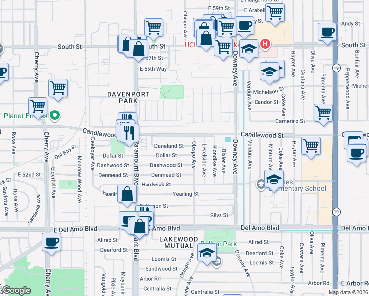 map of restaurants, bars, coffee shops, grocery stores, and more near 2948 Daneland Street in Lakewood