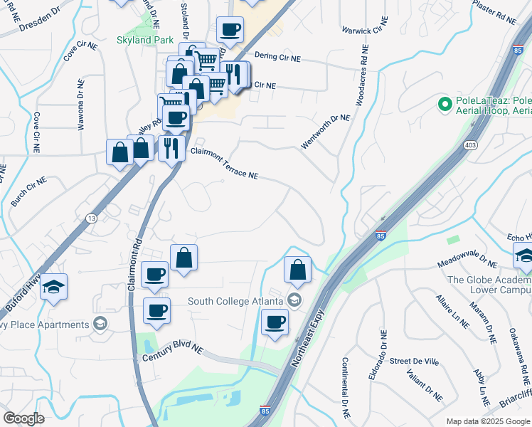 map of restaurants, bars, coffee shops, grocery stores, and more near 1998 Shalimar Drive Northeast in Atlanta