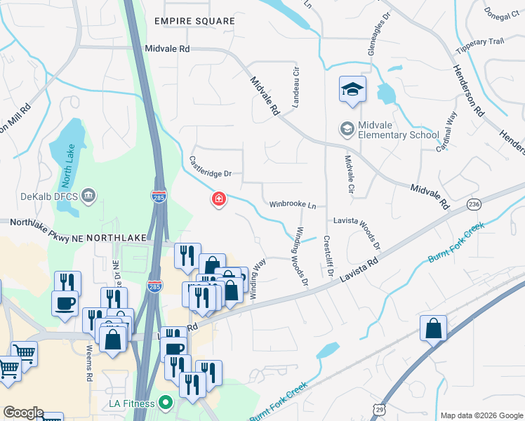 map of restaurants, bars, coffee shops, grocery stores, and more near 3632 Winbrooke Lane in Tucker