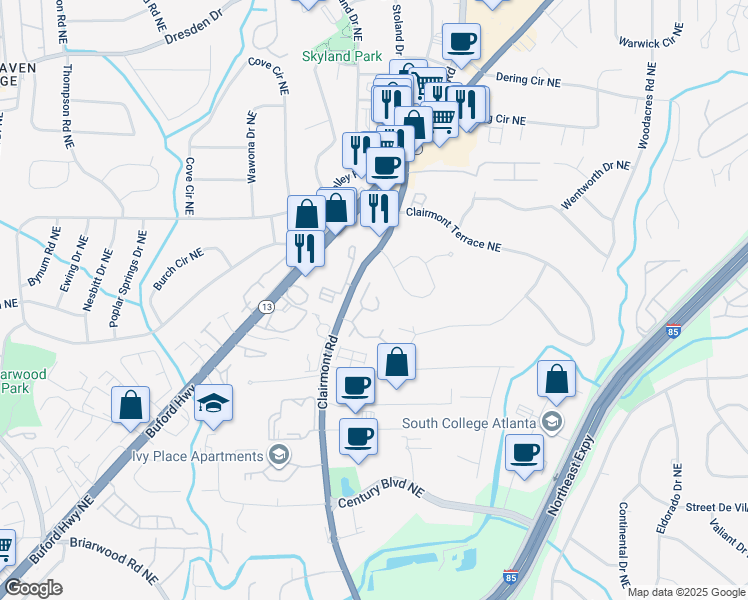 map of restaurants, bars, coffee shops, grocery stores, and more near 3283 Clairmont North Northeast in Atlanta