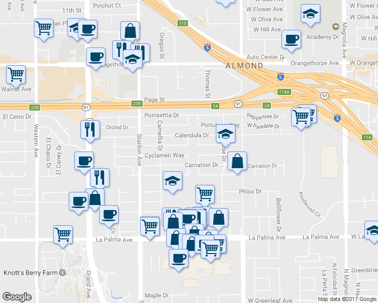 map of restaurants, bars, coffee shops, grocery stores, and more near 8223 Cyclamen Way in Buena Park