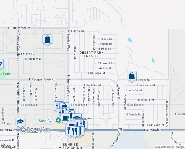 map of restaurants, bars, coffee shops, grocery stores, and more near 2300 North Cypress Road in Palm Springs
