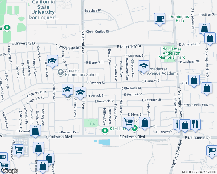 map of restaurants, bars, coffee shops, grocery stores, and more near 1443 East Gladwick Street in Carson