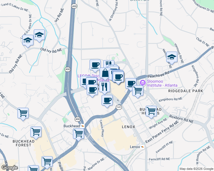 map of restaurants, bars, coffee shops, grocery stores, and more near 3438 Peachtree Road Northeast in Atlanta