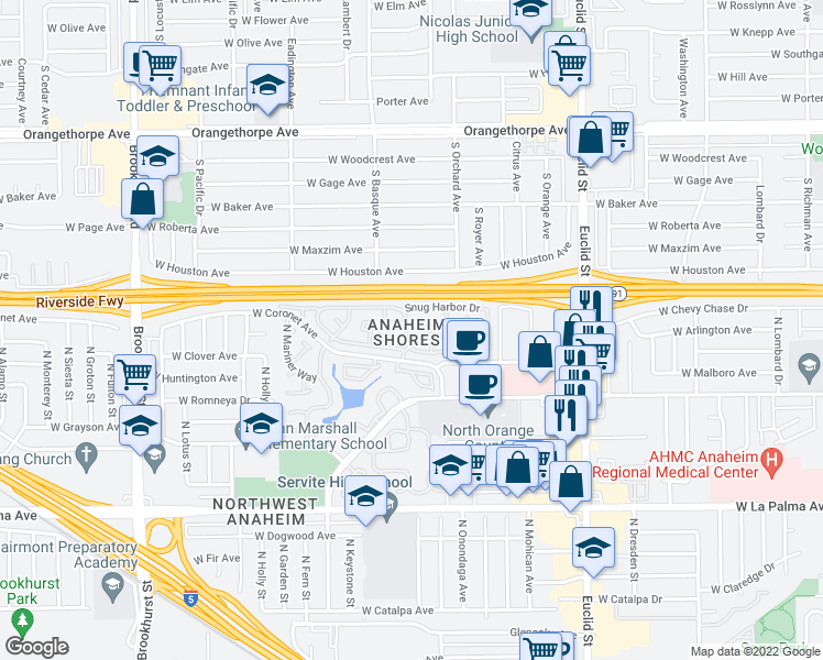 map of restaurants, bars, coffee shops, grocery stores, and more near 1919 West Coronet Avenue in Anaheim