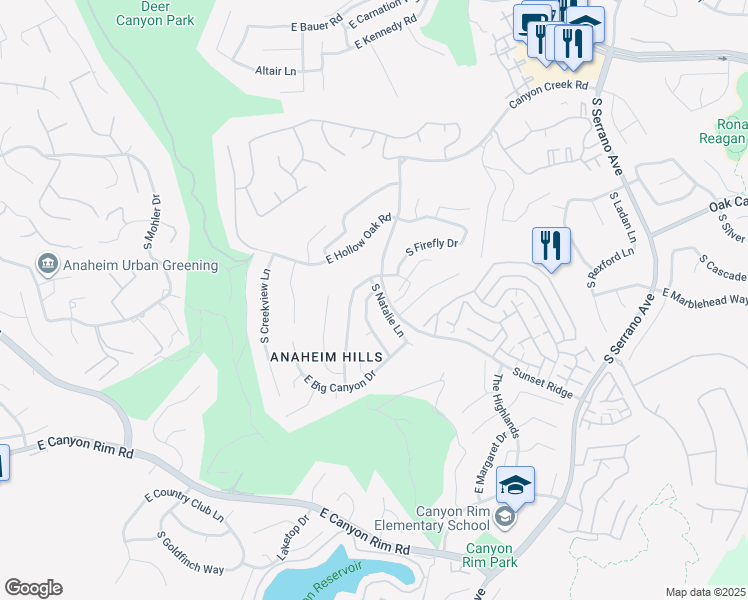 map of restaurants, bars, coffee shops, grocery stores, and more near 903 South Natalie Lane in Anaheim