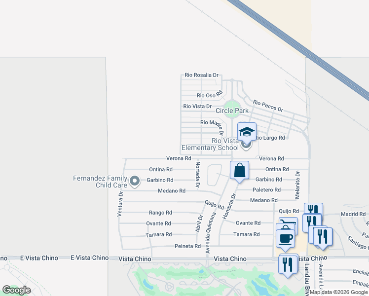 map of restaurants, bars, coffee shops, grocery stores, and more near 67353 Rio Naches Road in Cathedral City