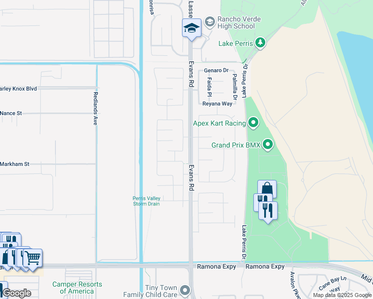 map of restaurants, bars, coffee shops, grocery stores, and more near 4617 Stratford Place in Perris