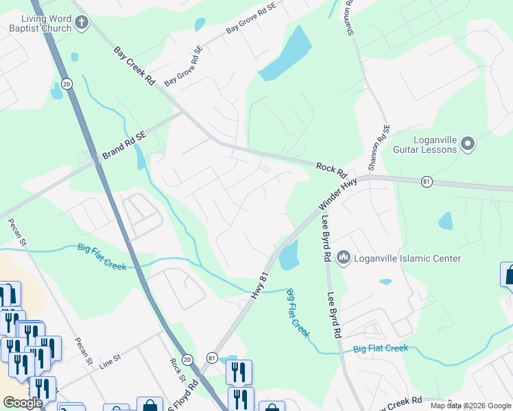 map of restaurants, bars, coffee shops, grocery stores, and more near 502 Starmist Court in Loganville