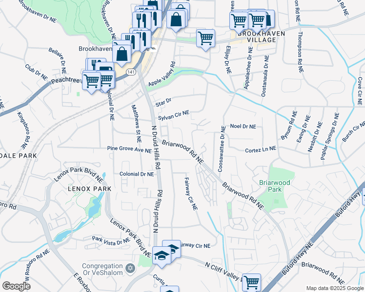 map of restaurants, bars, coffee shops, grocery stores, and more near 1291 Briarwood Road Northeast in Atlanta