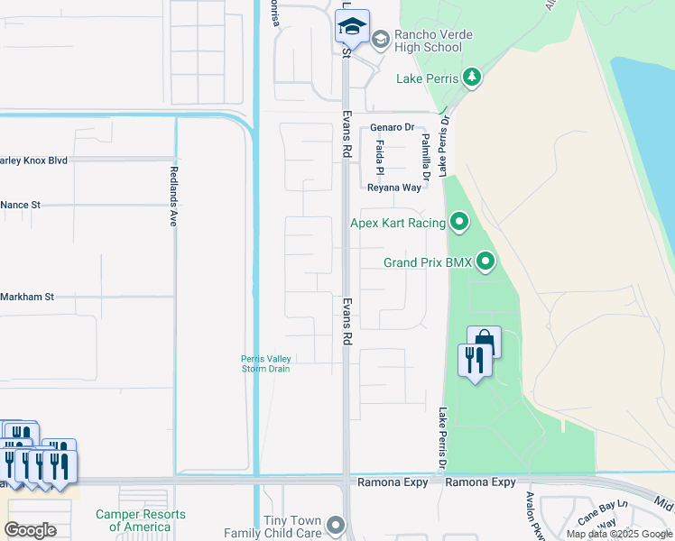 map of restaurants, bars, coffee shops, grocery stores, and more near 4617 Stratford Place in Perris