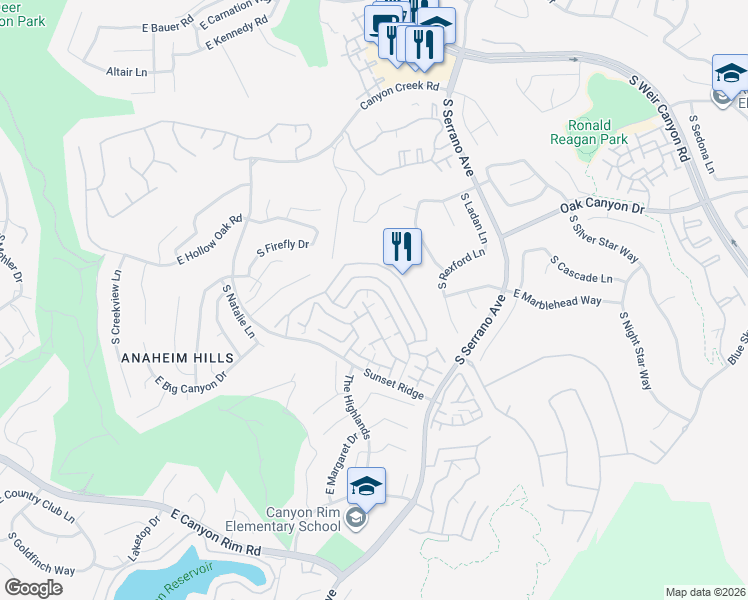 map of restaurants, bars, coffee shops, grocery stores, and more near 7872 East Horizon View Drive in Anaheim