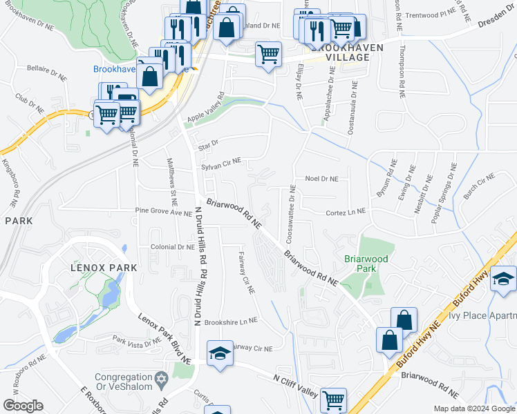 map of restaurants, bars, coffee shops, grocery stores, and more near 2340 Logan Circle Northeast in Atlanta