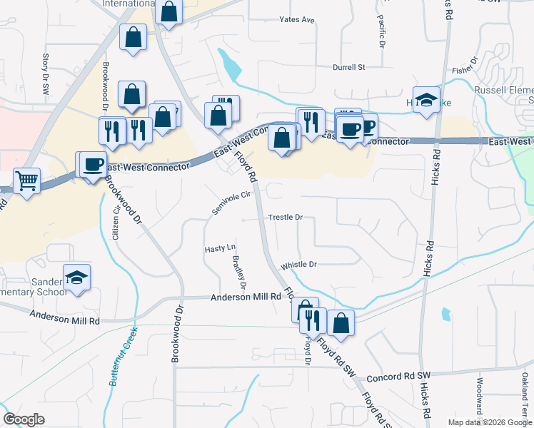 map of restaurants, bars, coffee shops, grocery stores, and more near 1097 Trestle Drive in Austell
