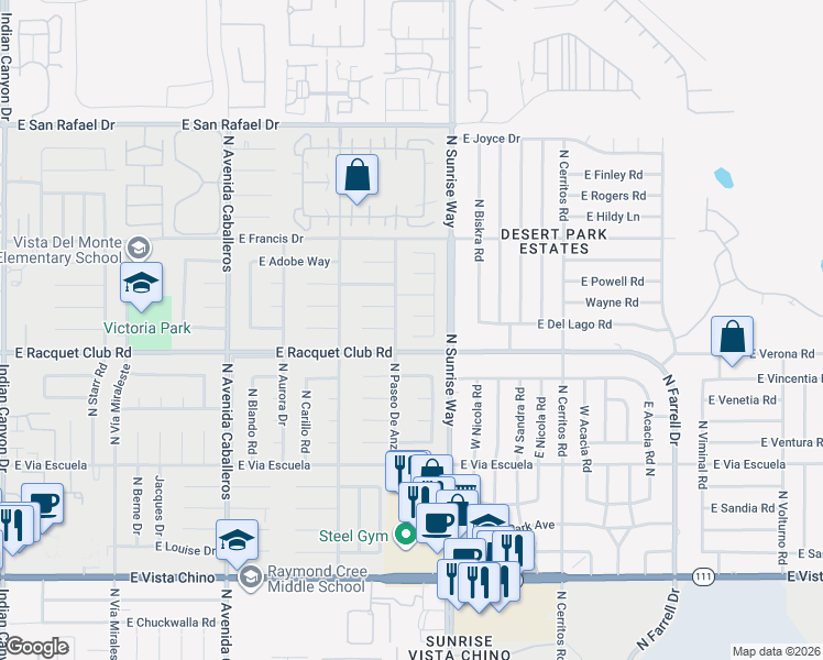 map of restaurants, bars, coffee shops, grocery stores, and more near 1576 Savvy Court in Palm Springs