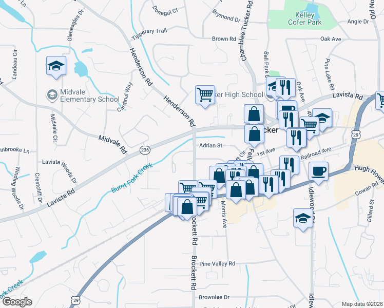 map of restaurants, bars, coffee shops, grocery stores, and more near 4037 Chelsea Common in Tucker