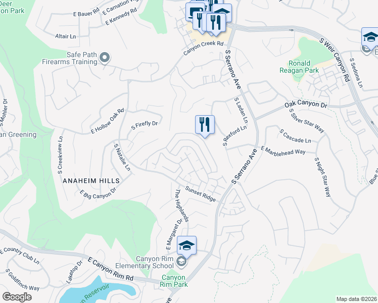 map of restaurants, bars, coffee shops, grocery stores, and more near 7917 East Viewrim Drive in Anaheim