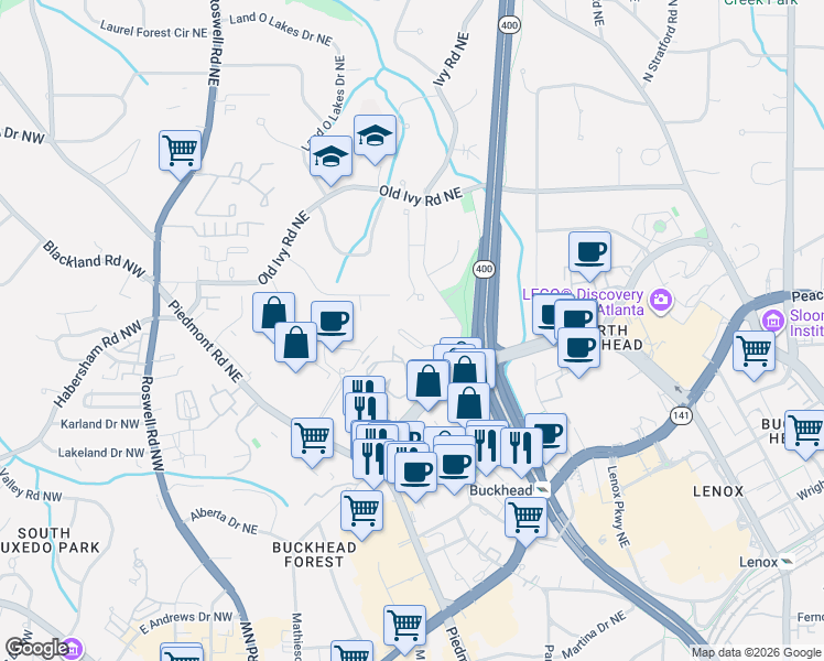 map of restaurants, bars, coffee shops, grocery stores, and more near 3620 Ivy Road Northeast in Atlanta
