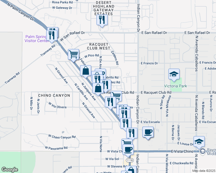 map of restaurants, bars, coffee shops, grocery stores, and more near 353 Cheryl Drive in Palm Springs