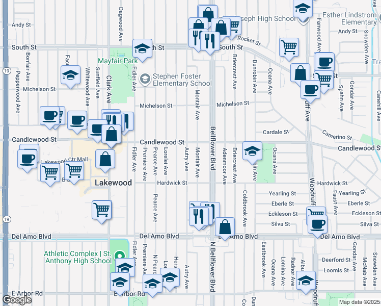 map of restaurants, bars, coffee shops, grocery stores, and more near 5249 Montair Avenue in Lakewood