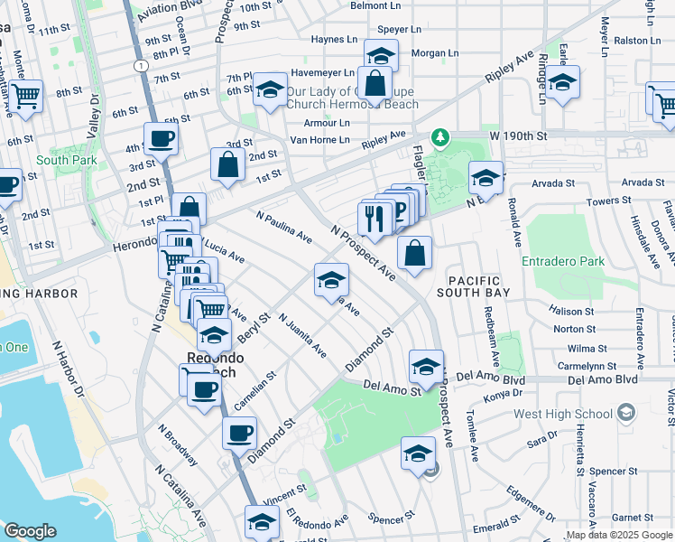 map of restaurants, bars, coffee shops, grocery stores, and more near 623 North Paulina Avenue in Redondo Beach