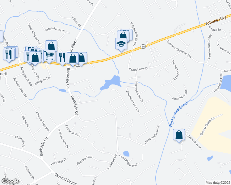 map of restaurants, bars, coffee shops, grocery stores, and more near 2575 Lake Commons Court in Snellville