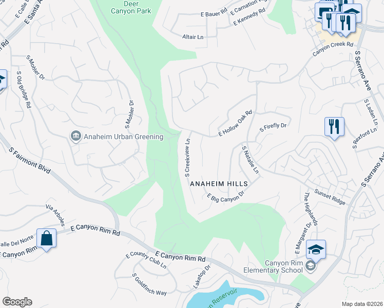 map of restaurants, bars, coffee shops, grocery stores, and more near 928 South Creekview Lane in Anaheim