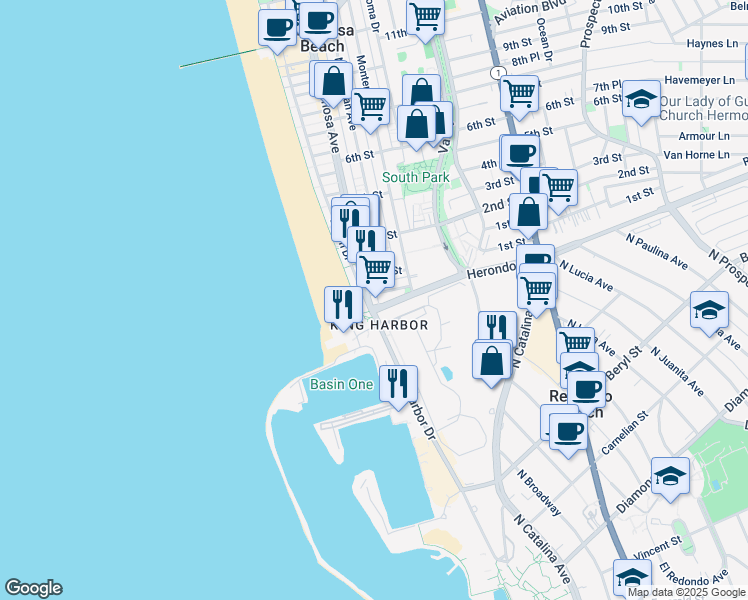 map of restaurants, bars, coffee shops, grocery stores, and more near 16 Hermosa Avenue in Hermosa Beach