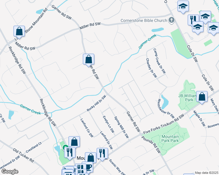map of restaurants, bars, coffee shops, grocery stores, and more near 5129 Rocky Hill Drive Southwest in Lilburn