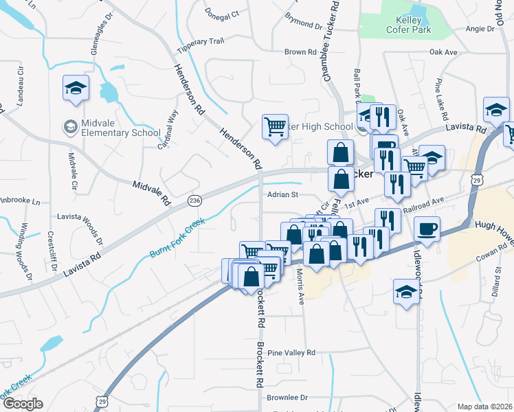 map of restaurants, bars, coffee shops, grocery stores, and more near 4037 Chelsea Common in Tucker