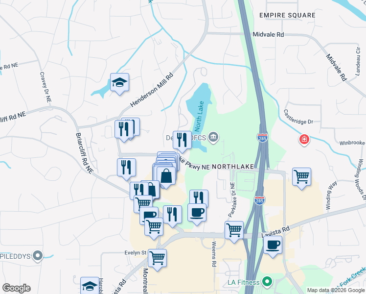 map of restaurants, bars, coffee shops, grocery stores, and more near 2325 Northlake Court Northeast in Atlanta