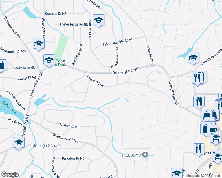 map of restaurants, bars, coffee shops, grocery stores, and more near 2867 Payton Road Northeast in Atlanta