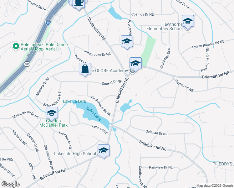 map of restaurants, bars, coffee shops, grocery stores, and more near 2596 Raintree Drive Northeast in Atlanta