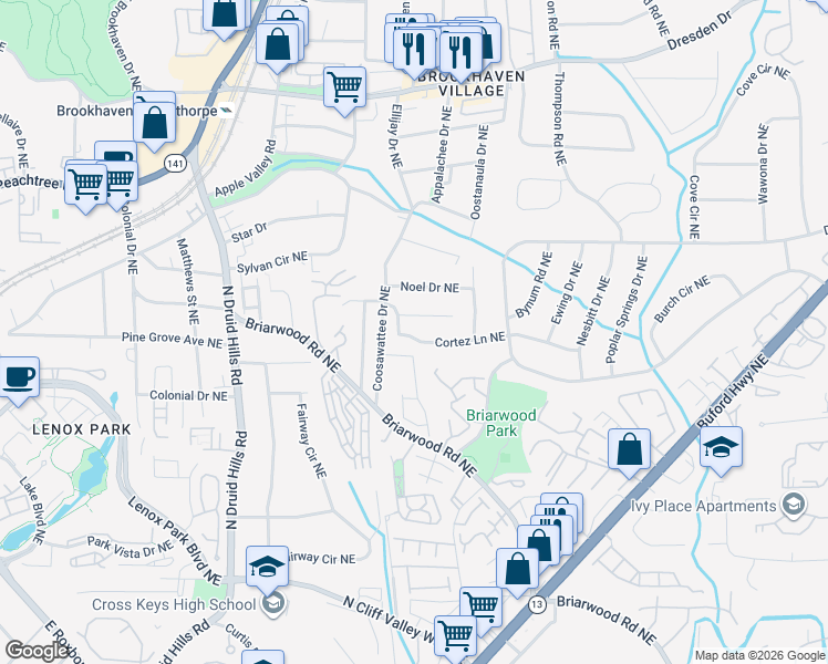 map of restaurants, bars, coffee shops, grocery stores, and more near 1319 Brookhaven Garden Lane Northeast in Atlanta