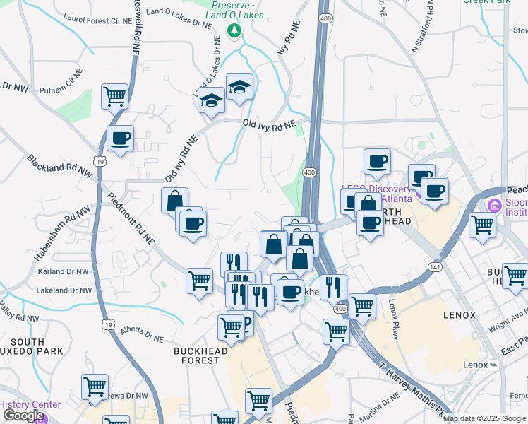 map of restaurants, bars, coffee shops, grocery stores, and more near 3620 Ivy Road Northeast in Atlanta