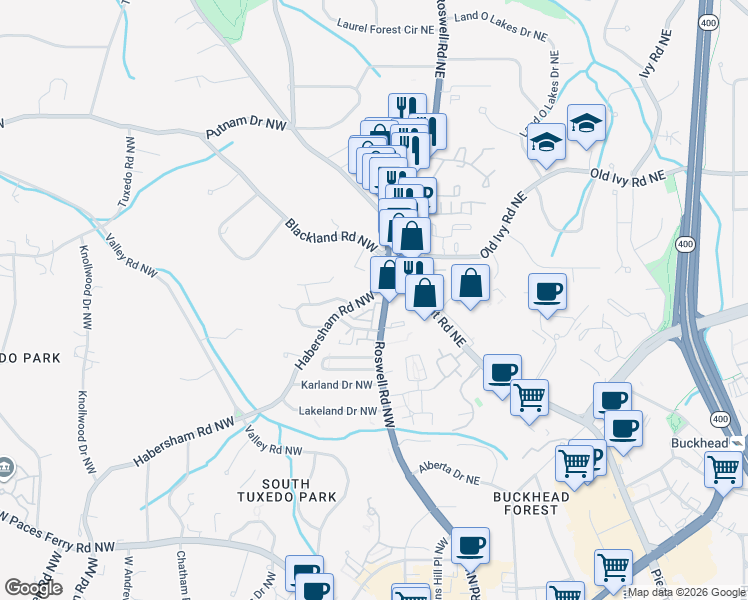 map of restaurants, bars, coffee shops, grocery stores, and more near 3636 Habersham Road Northwest in Atlanta