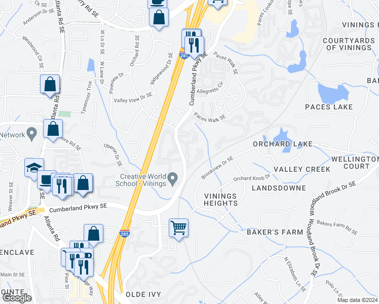 map of restaurants, bars, coffee shops, grocery stores, and more near 2152 Cumberland Parkway Southeast in Atlanta