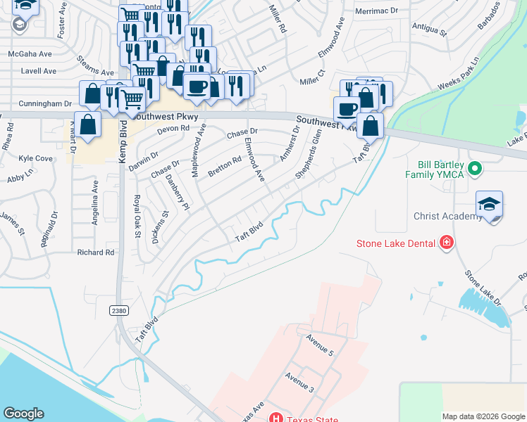 map of restaurants, bars, coffee shops, grocery stores, and more near 6 Sundial Court in Wichita Falls
