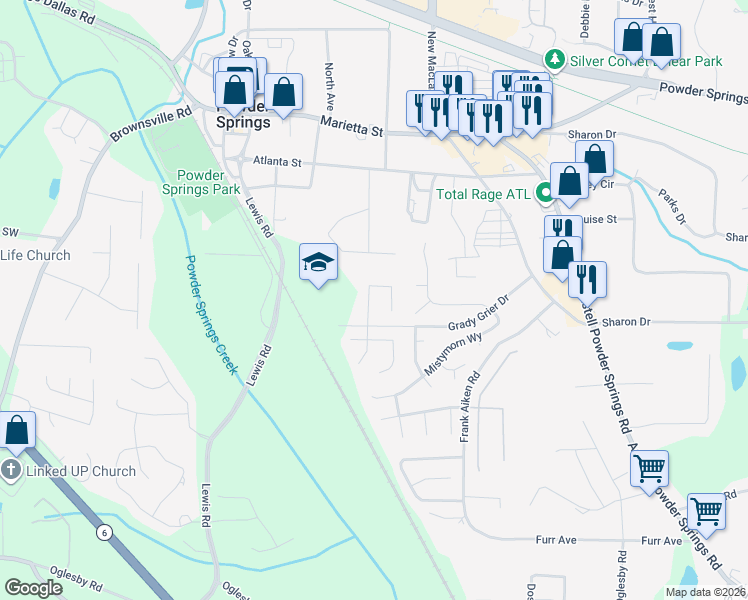 map of restaurants, bars, coffee shops, grocery stores, and more near 4193 New Towne Drive in Powder Springs