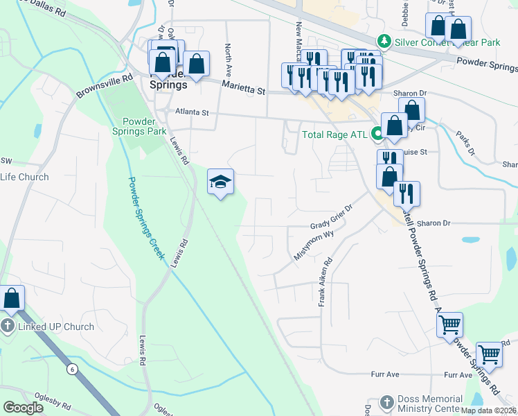 map of restaurants, bars, coffee shops, grocery stores, and more near 4182 New Towne Drive in Powder Springs