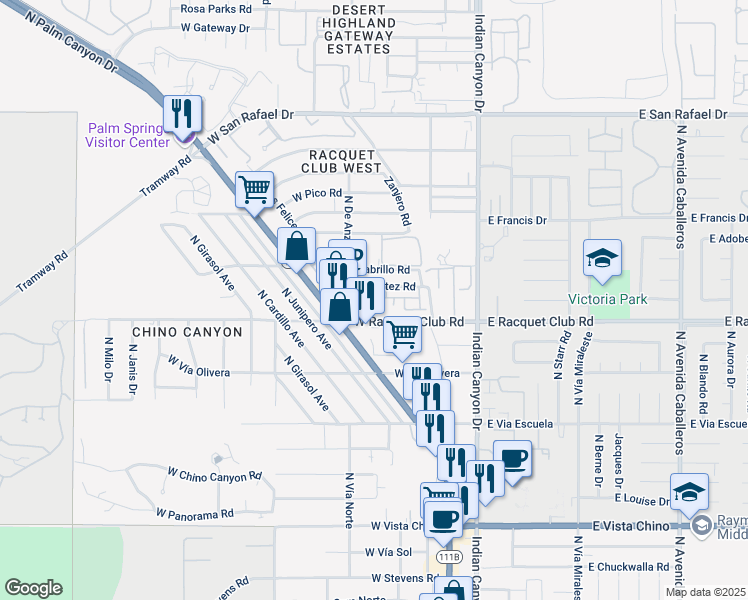 map of restaurants, bars, coffee shops, grocery stores, and more near 353 Cheryl Drive in Palm Springs