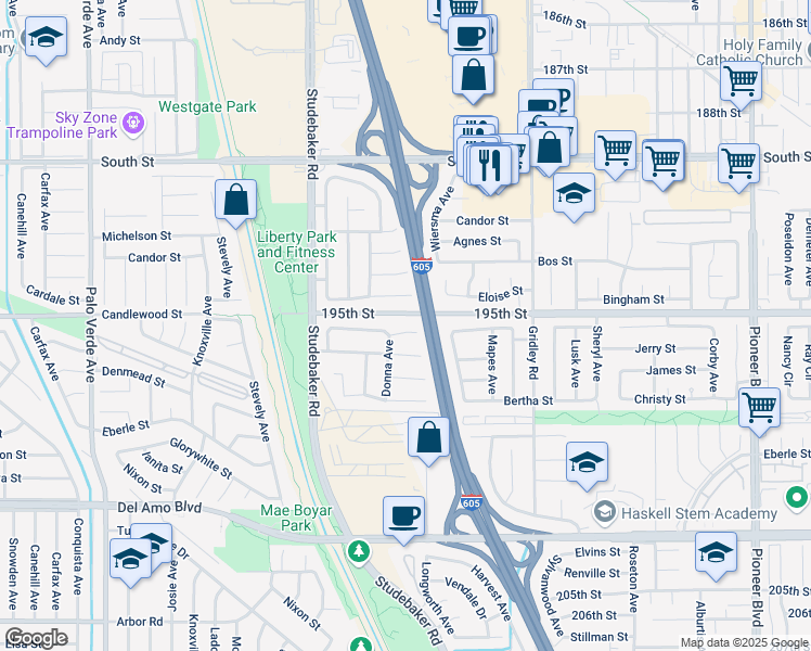 map of restaurants, bars, coffee shops, grocery stores, and more near 11143 Gonsalves Place in Cerritos