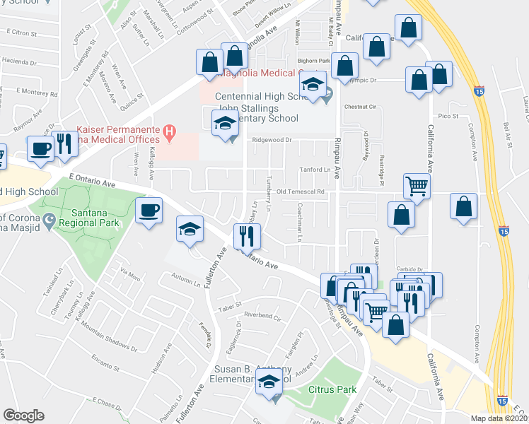 map of restaurants, bars, coffee shops, grocery stores, and more near 2136 Turnberry Lane in Corona