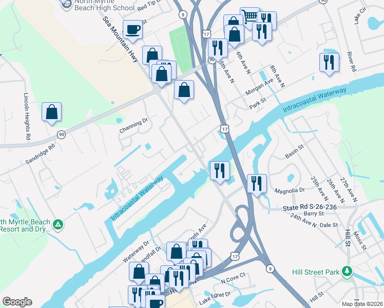 map of restaurants, bars, coffee shops, grocery stores, and more near 4425 Sea Mountain Highway in Little River